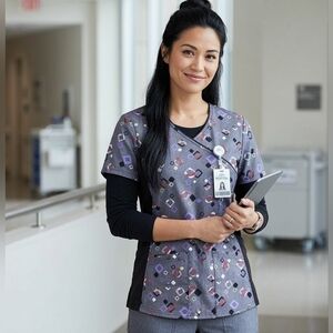 ScrubStar Patterned Scrub Top with Geometric Design Size XL